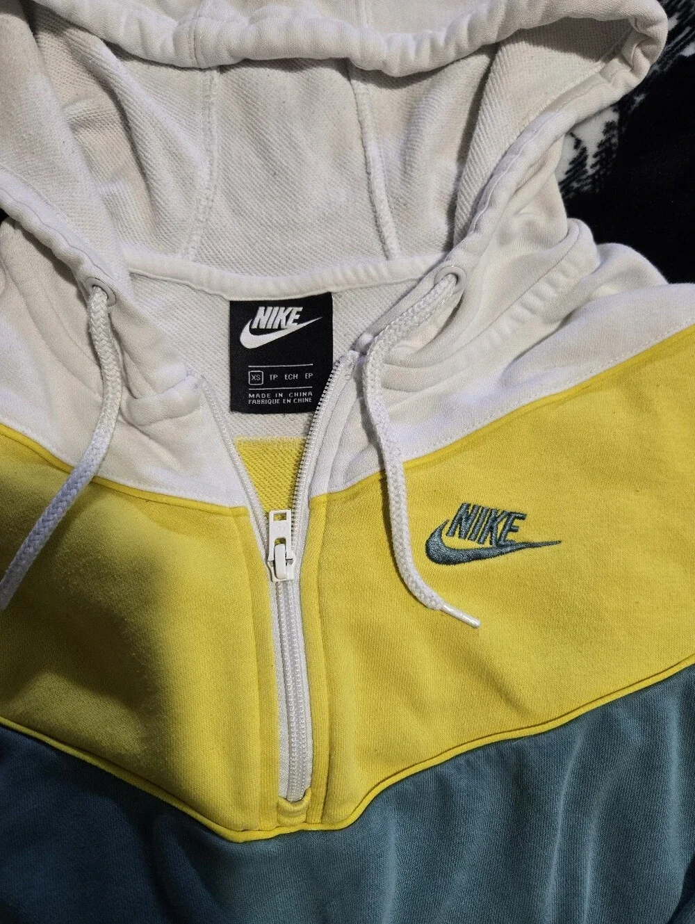 Nike White/Yellow/Teal Colorblock Hooded Half-Zip Sweater